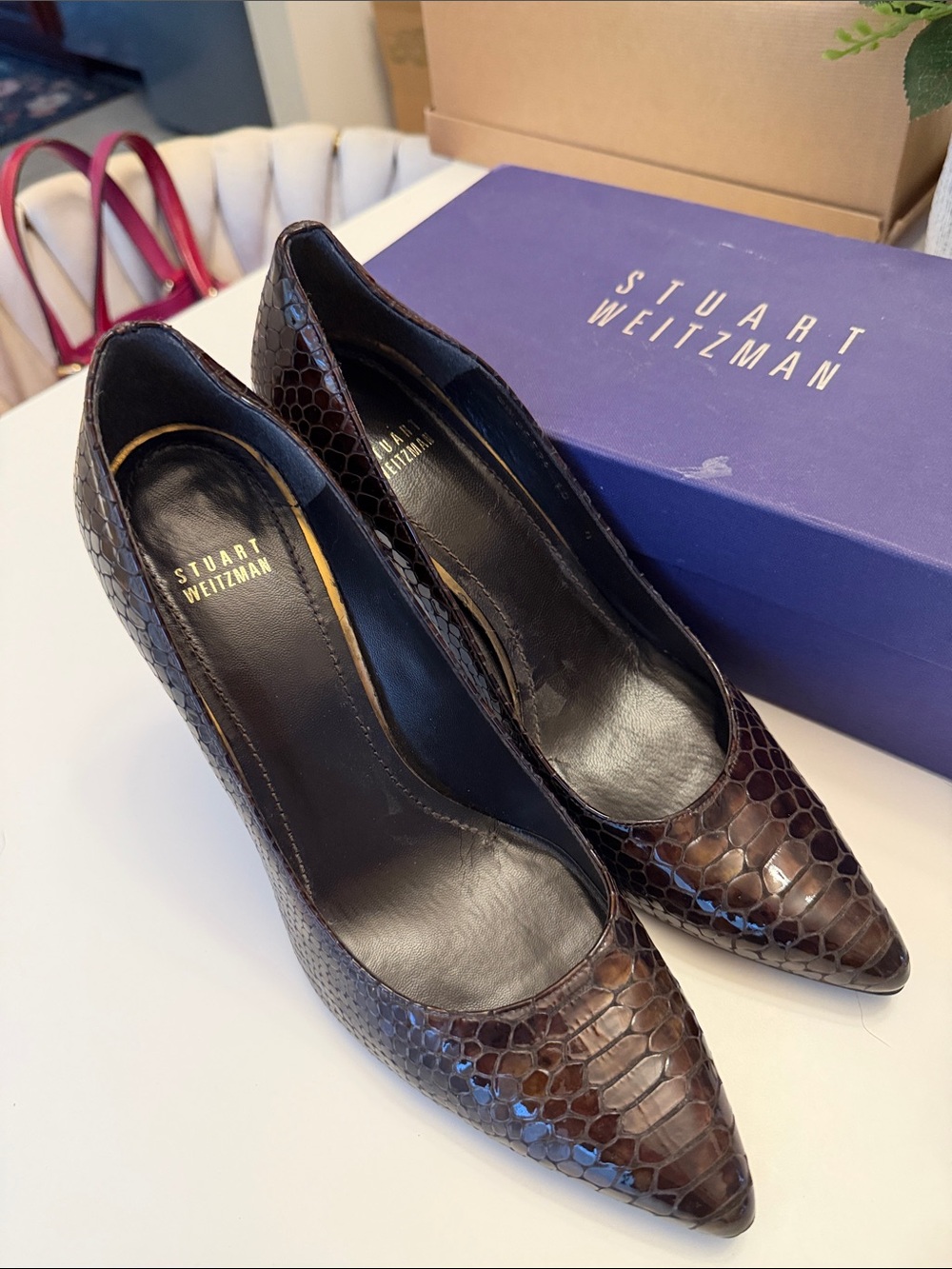 Stuart Weitzman Dark Brown Croc-Embossed Pointed Toe Pumps